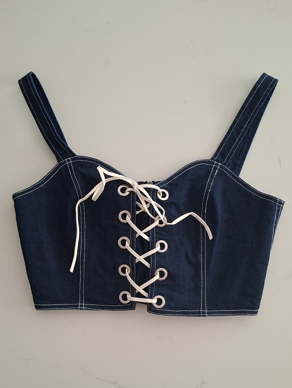 Dark Wash Blue Denim Lace-up Corset-style Cowgirl Western Feminine Top (Size S)